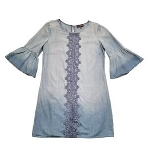Luxology Dress Women's 4 Blue Ombre Chambray Bell Sleeve Floral Embroidery Boho